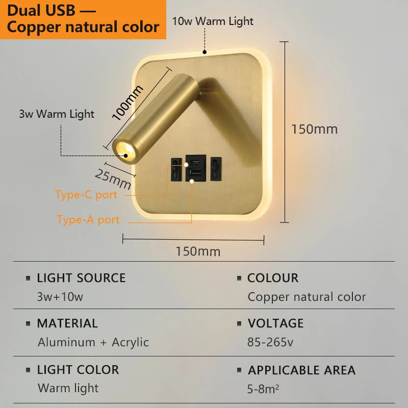 lampe murale led orientable prise usb moderne chambre cuisine entree