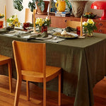 Nappe table vert olive texture lin classique imperméable polyester 140x180cm festives serviettes assiettes