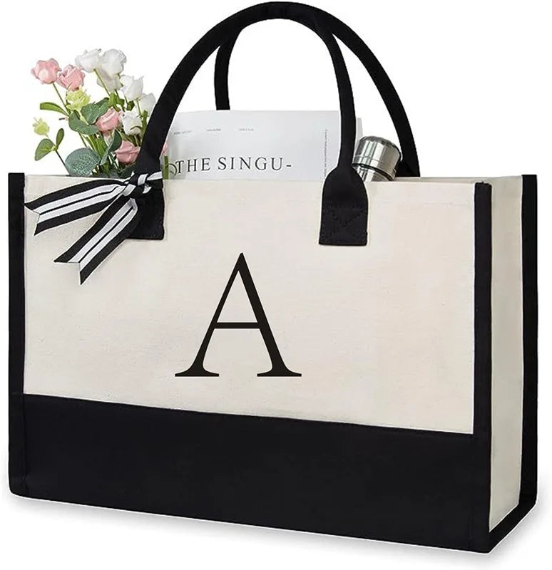 sac main toile lettre imprimée blanc noir rubans classique poignées intérieur noir zippé capacitaire
