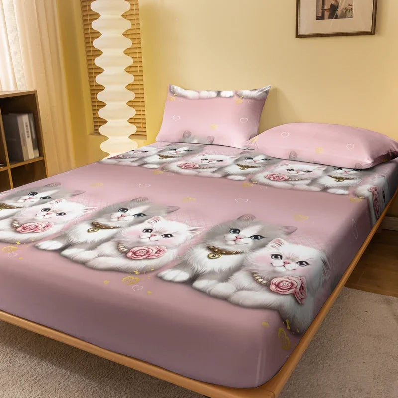 drap housse polyester motif chatons roses colliers dorés moderne rose clair coeurs fond délicat