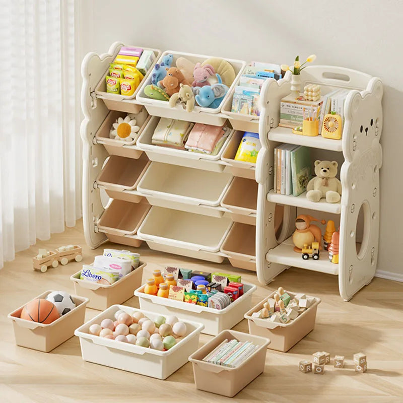 meuble rangement jouets articles divers moderne couleur beige clair texture plastique lisse salon respectueux
