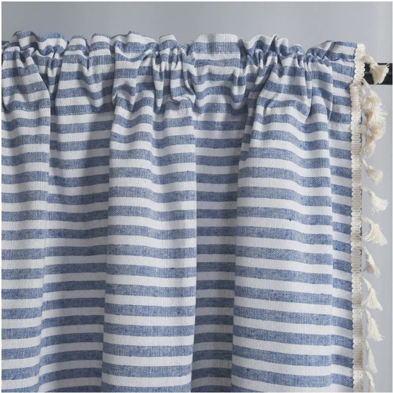 rideau cuisine bleu blanc gris rayures opacité classique pompons horizontal
