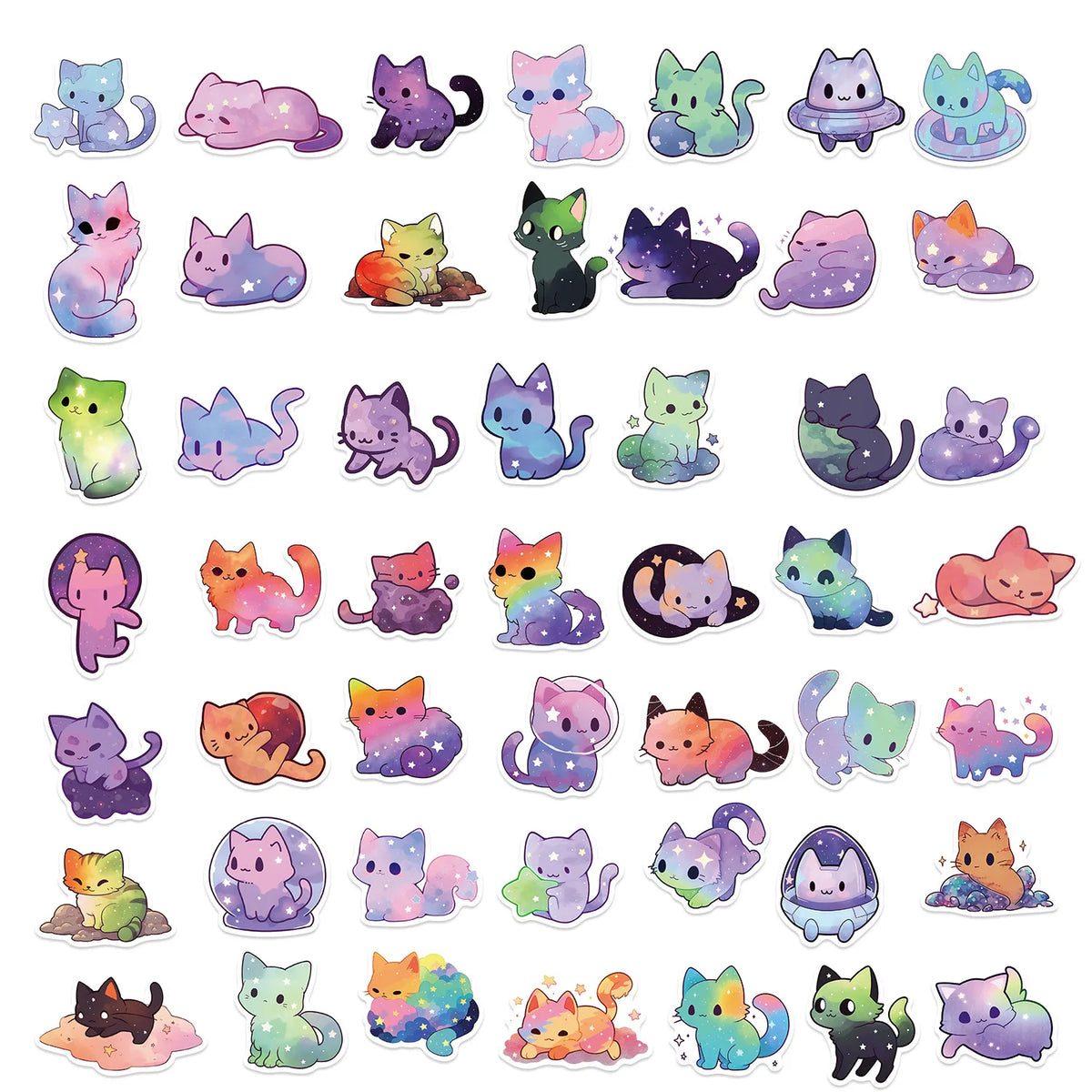 stickers dessin animé mignon galaxie étoiles pastel violet bleu rose orange vert noir adhésifs