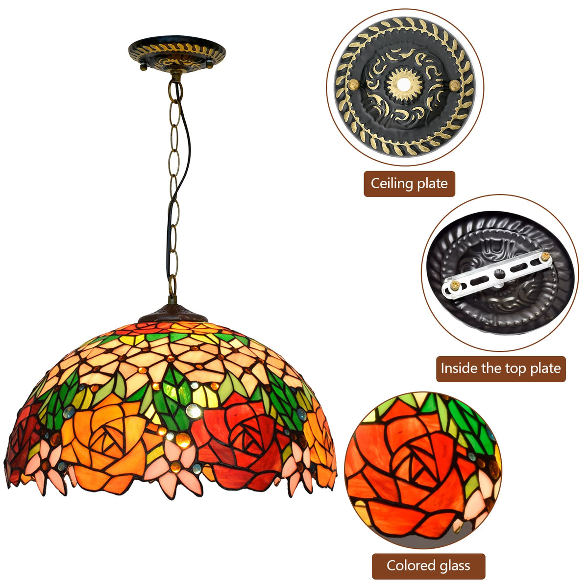 Lampe suspendue Tiffany mosaïque fleurs multicolore opacité chaîne salon chambre