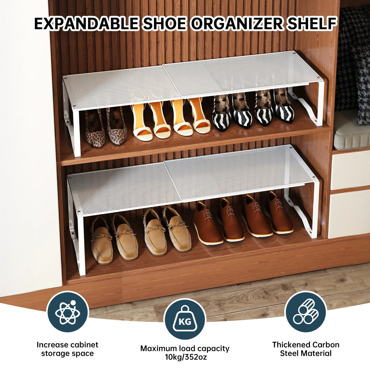 étagère chaussures extensible blanche perforée moderne pieds robustes rangement fer métal adjustable chambre