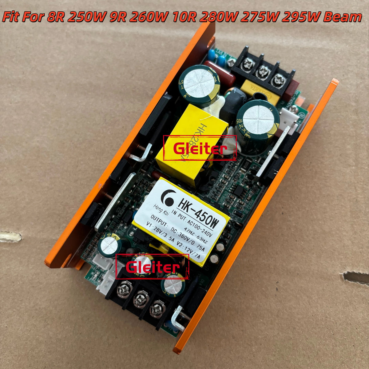 transformateurs alimentation projecteurs scène lampes faisceau mobiles circuits imprimés condensateurs bobines orangers grisés jaunes