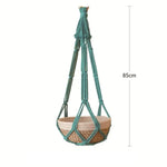 panier suspendu boho tissé motifs géométriques couleur beige vert anneaux métalliques rustic decoration jardin