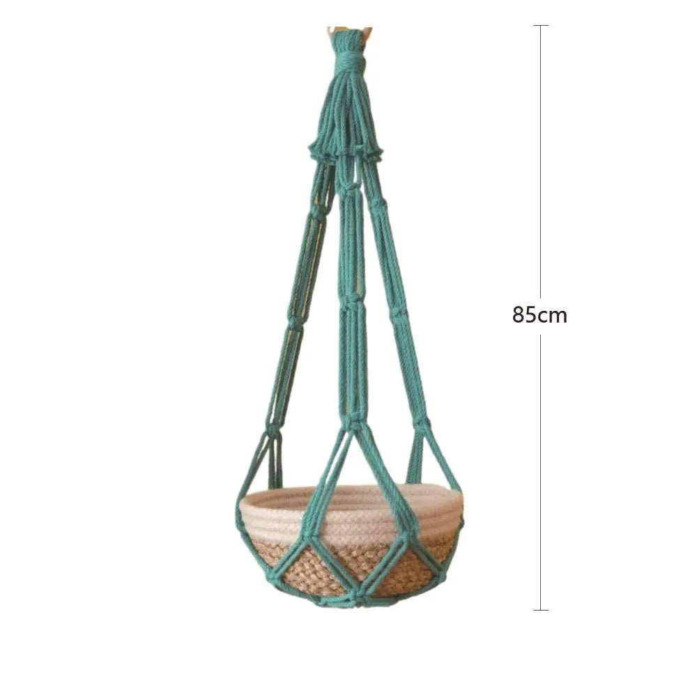 panier suspendu boho tissé motifs géométriques couleur beige vert anneaux métalliques rustic decoration jardin