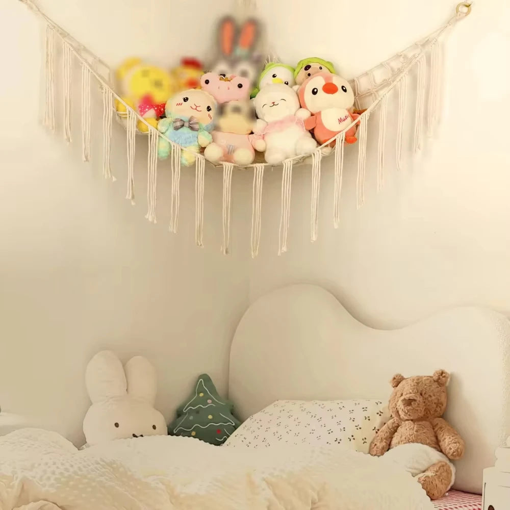 hamac jouets coton macramé franges boho crochets fixation beige clair chambre salon