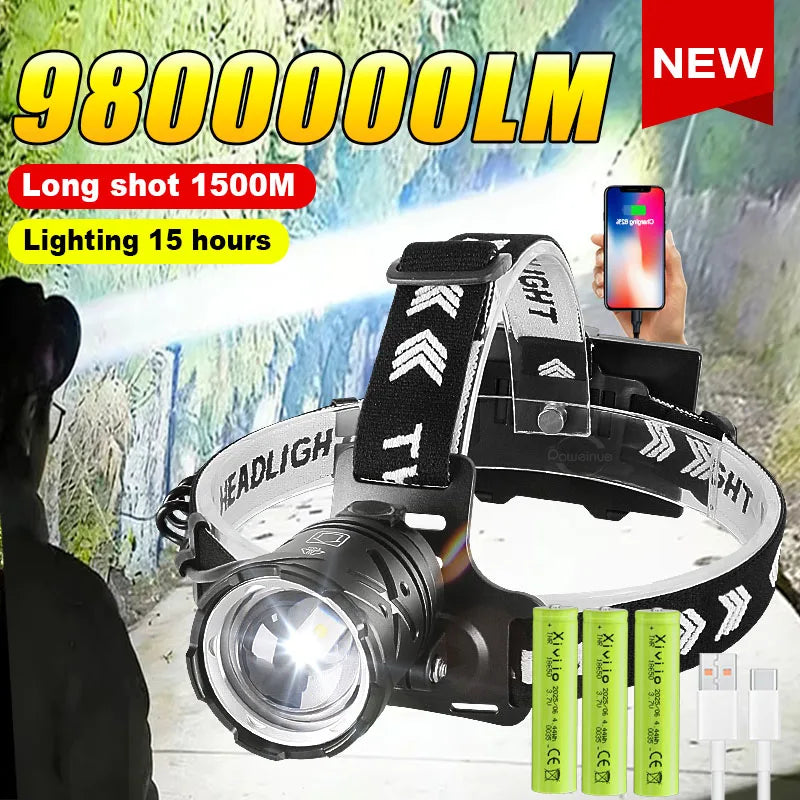 lampe frontale led noire imprimée flèches blanches chargeur usb batterie rechargeable affichage charge restante