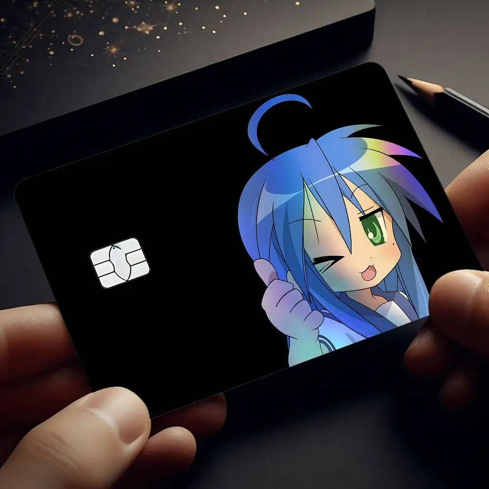 carte crédit personnalisée adhésive personnages animés holographique noir bleu vert arc ciel moderne illustratif