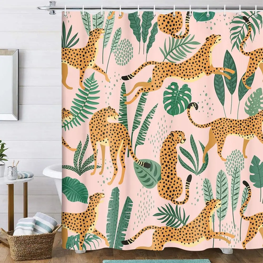 rideau douche polyester géométrique léopard feuilles tropicales moderne rose clair vert chambre enfant decoration