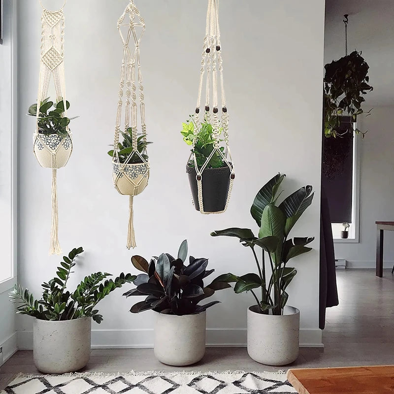 support plante suspendu macramé blanc boho artisanal anneau métallique pot plante