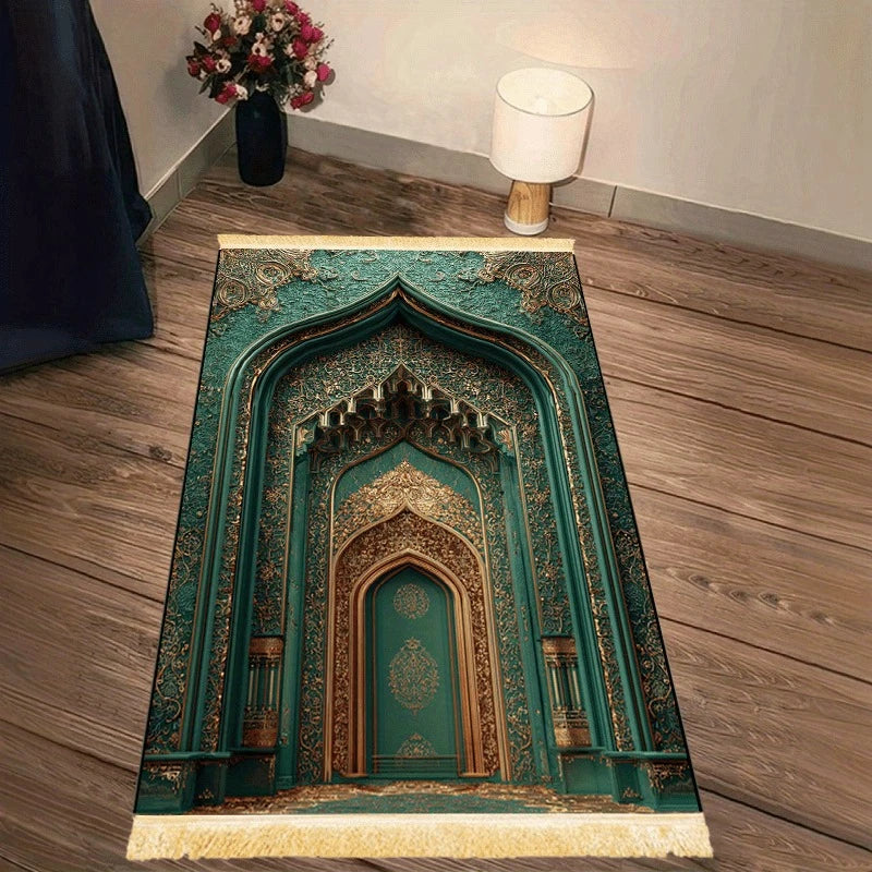 tapis prière vert or arches géométriques résistant décoloration antidérapant traditionnel usage extérieurintérieur