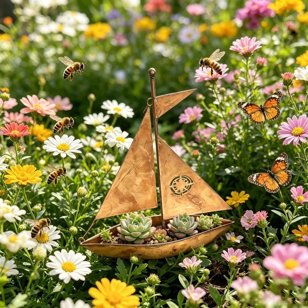 Bateau métal doré gravure compas artisanal décoratif plante succulenteextérieur résistant intempéries