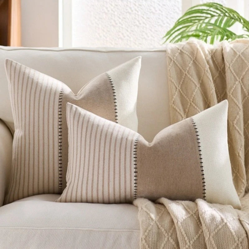 Coussins décoratifs rustiques rayés lin coton beige blanc rose bleu marine adhésifs