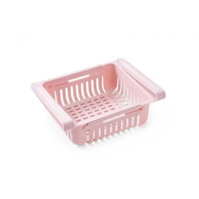 paniers rangement réfrigérateur extensibles blanc rose bleu clips grille perforation moderne pratique