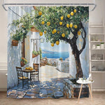 rideau douche polyester scène méditerranéenne citronnier mer décor élégant vert jaune blanc bleu marron