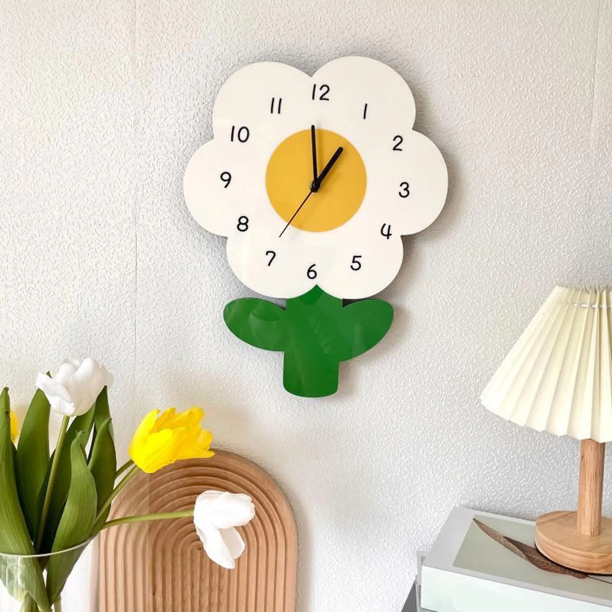 horloge murale moderne fleurs poissons aiguille quartz blanc orange vert bleu salon