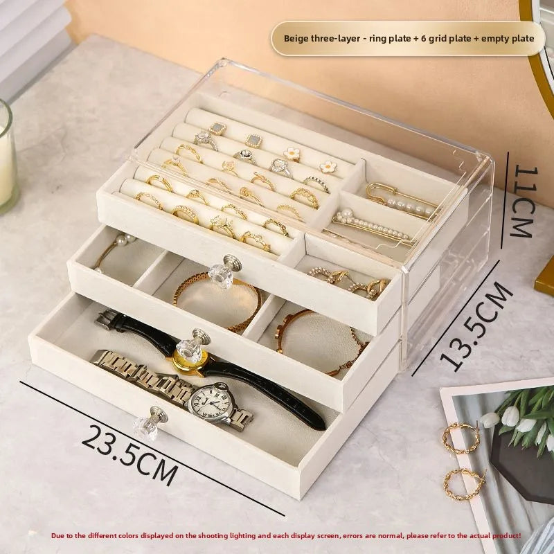 boîte bijoux velours beige clair poignées moderne rangement colliers bagues montres boucles d'oreilles