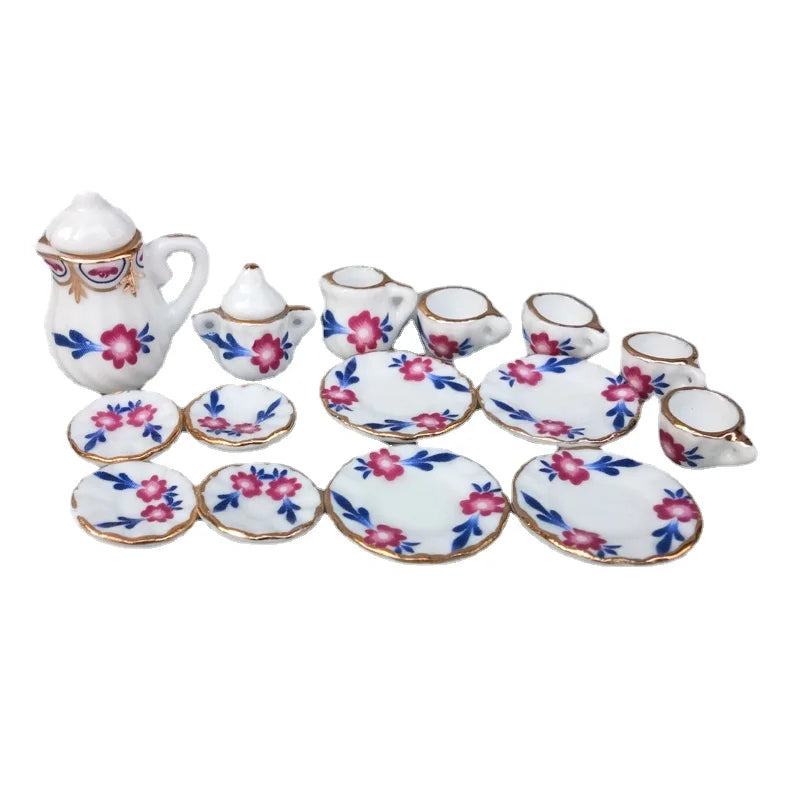 service thé miniature blanc doré rose bleu vert fleurs classique tasse théière soucoupe assiette