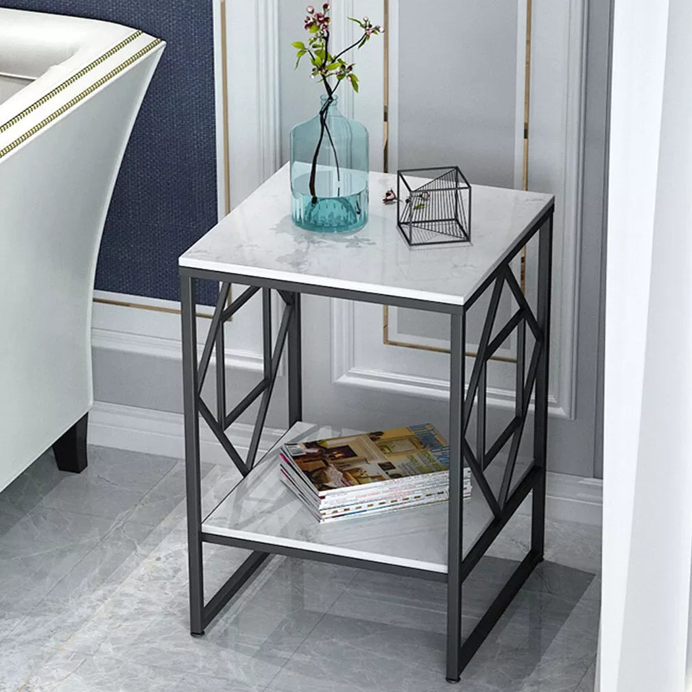 table d'appoint moderne table basse carrée blanc noir plateau imitation marbre étagère métal géométrique