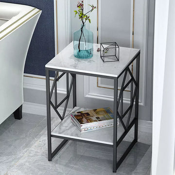table d'appoint moderne table basse carrée blanc noir plateau imitation marbre étagère métal géométrique