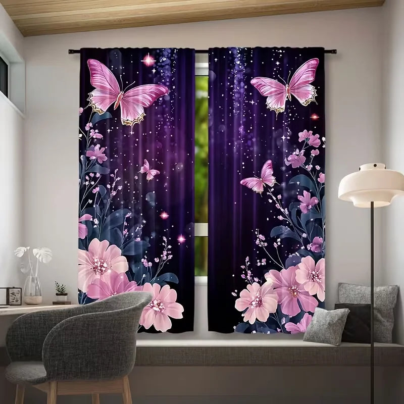 rideaux violet papillons roses motifs floraux moderne opaques deux panneaux polyester
