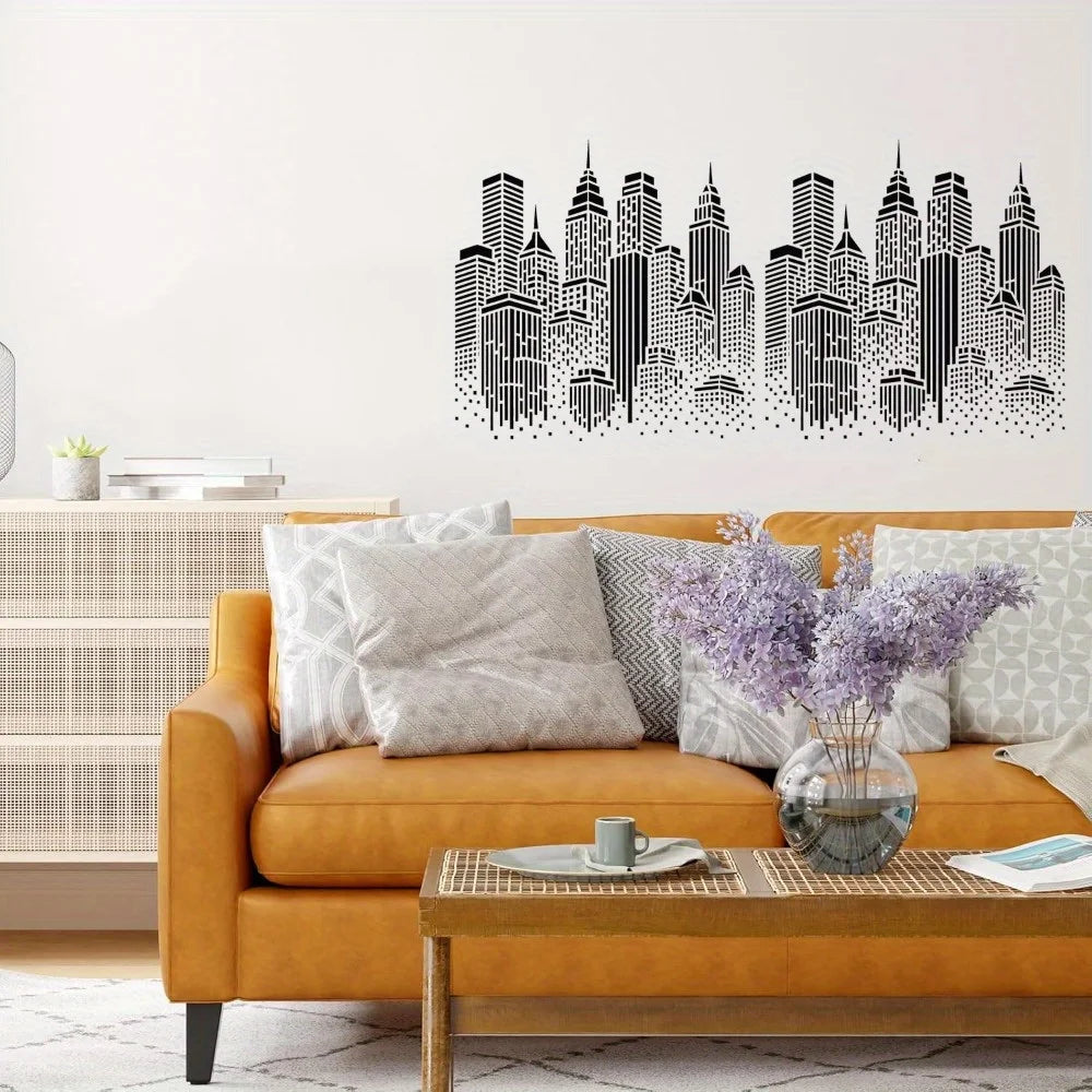 Stencil mural moderne gratte ciel stylisé noir blanc adhésif 30cm bleu geometrique