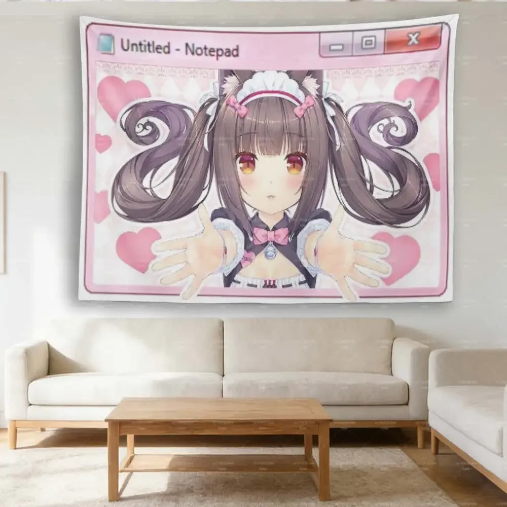 tapisserie anime illustration fille coeurs rose chambre dormir décoration mur polyestère lavable machine
