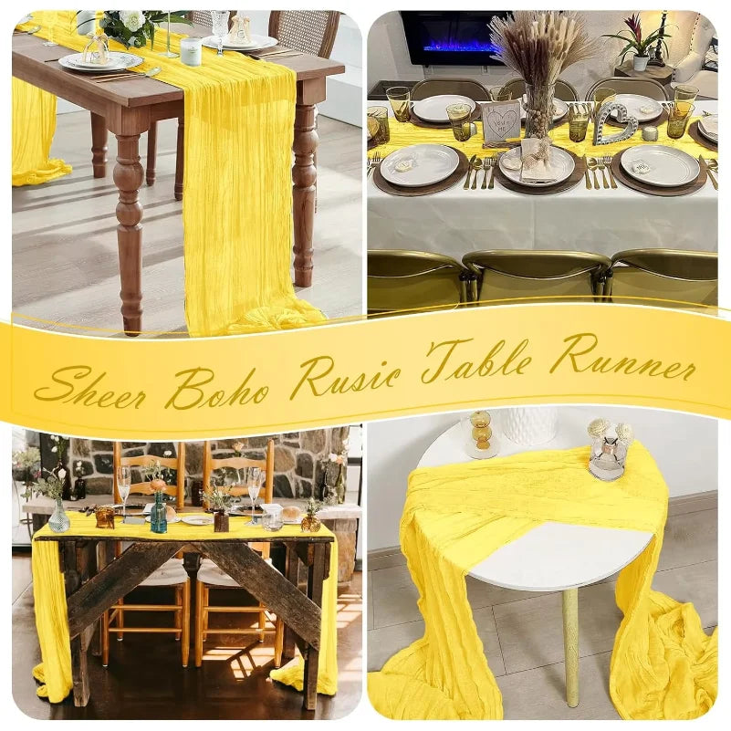 table runner jaune texturé boho semi transparent motifs rustiques fleurs artificielles blancs printemps mariageDecorationintérieur