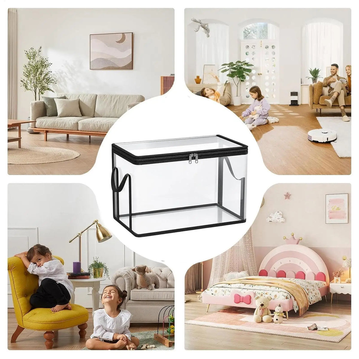boîtes rangement transparentes modernes pliables poignées noir vêtements jouets peluches salon chambre