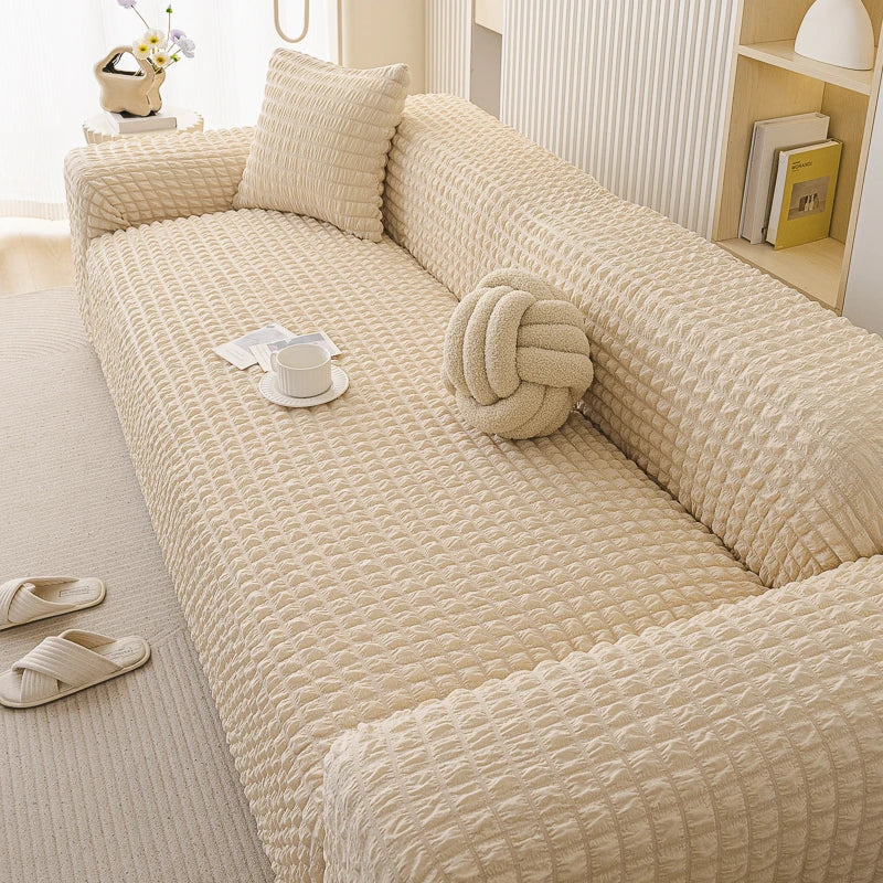 housse canapé universelle polyester spandex beige texture moderne fixations protection taches
