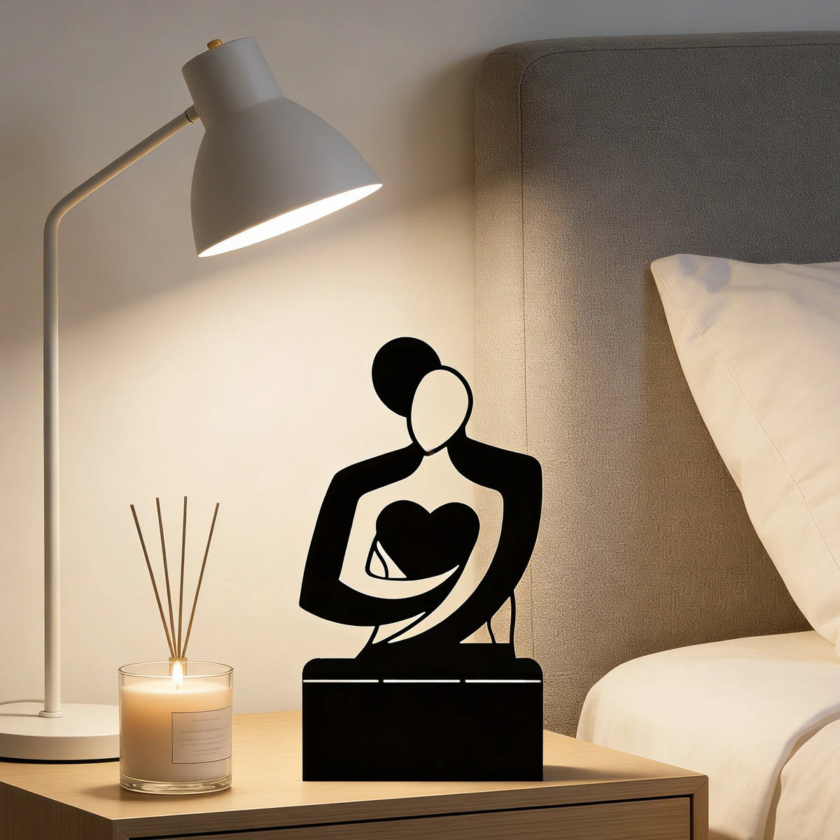 lampe table moderne silhouette cœur noir minimaliste base carrée câble decoration abstraite granulee