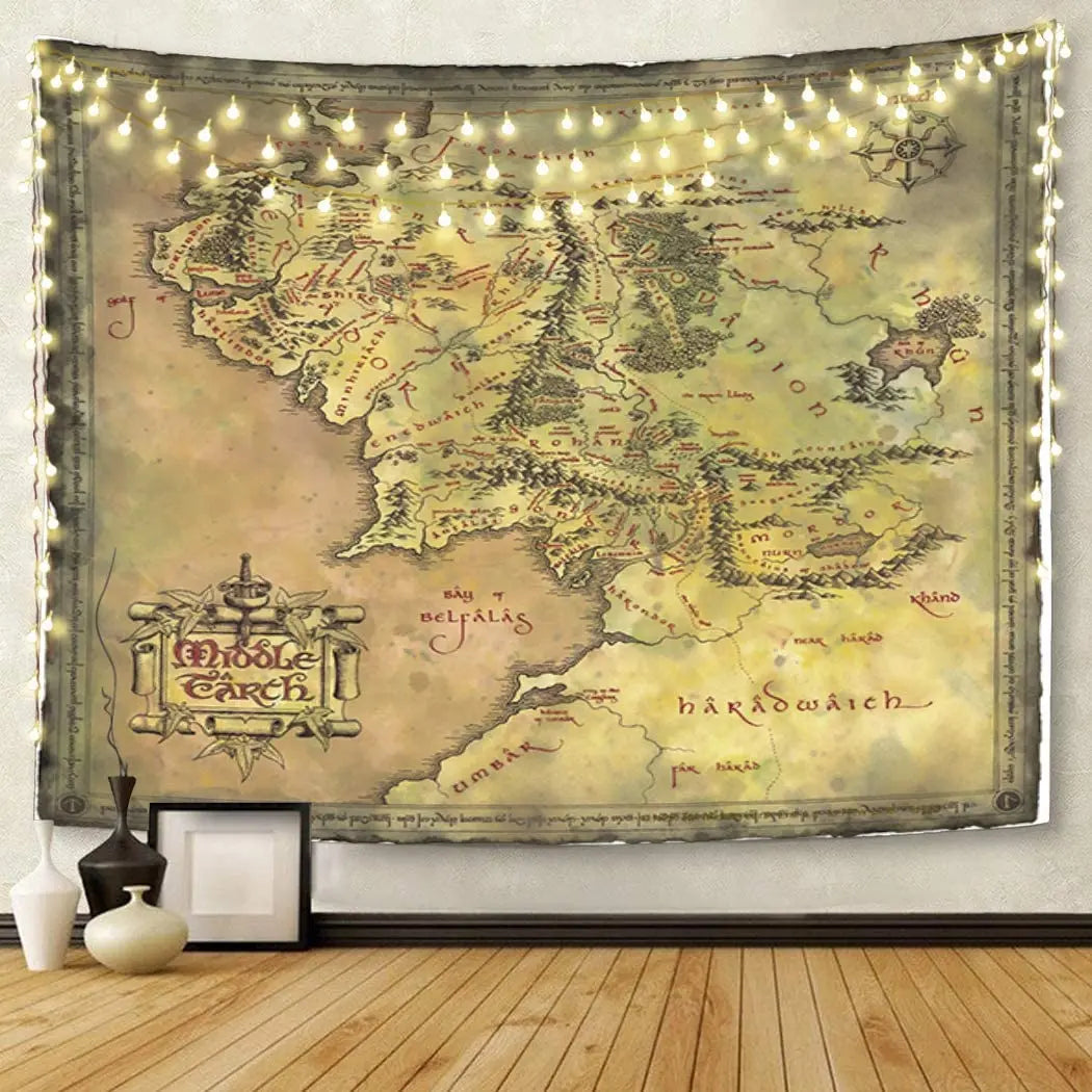 décoration murale carte middle earth ancienne cartographique tapisserie beige cadre noir vintage