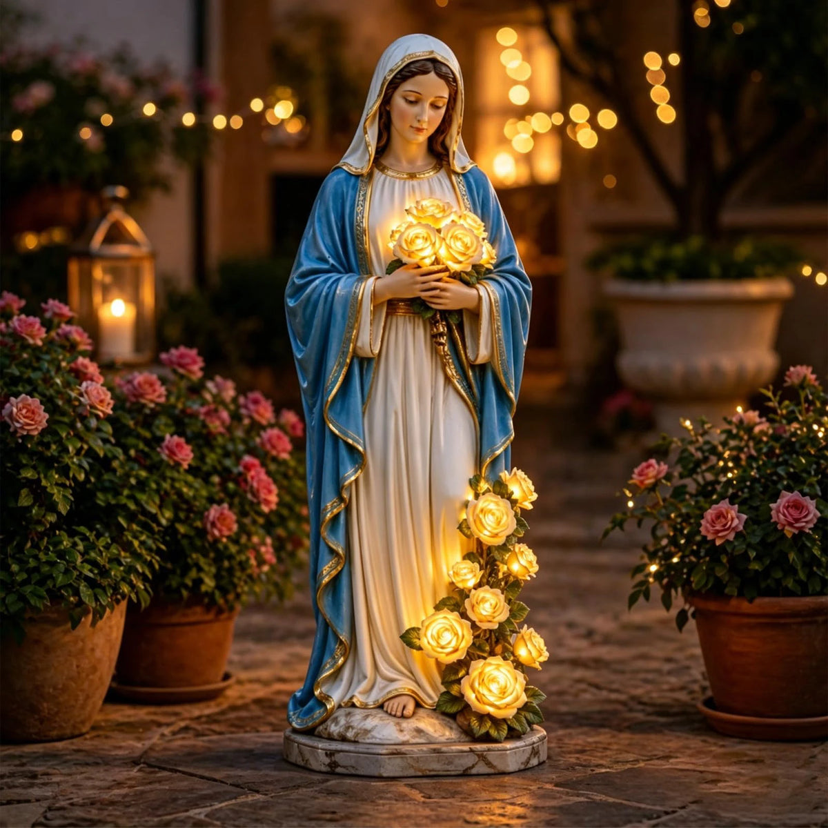 statue vierge marie résine illuminée roses blanc bleu doré extérieur intérieur religieuse classique
