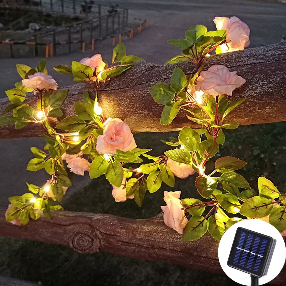 guirlande lumineuse fleurs artificielles rose feuilles vertes adhésif solaire led 5m 16.4ft 50leds