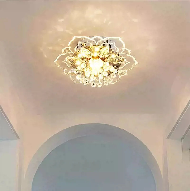 plafonnier moderne fleur cristal blanc doré transparent cuisine salon chambre