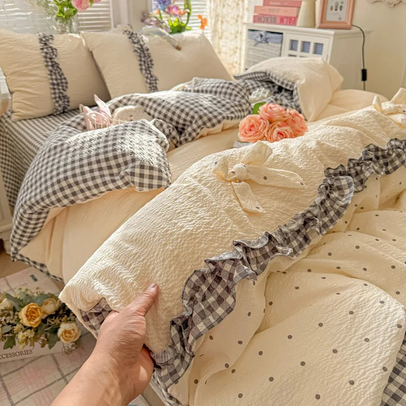 ensemble literie rose vichy doux franges romantique taies oreillers couvre lit