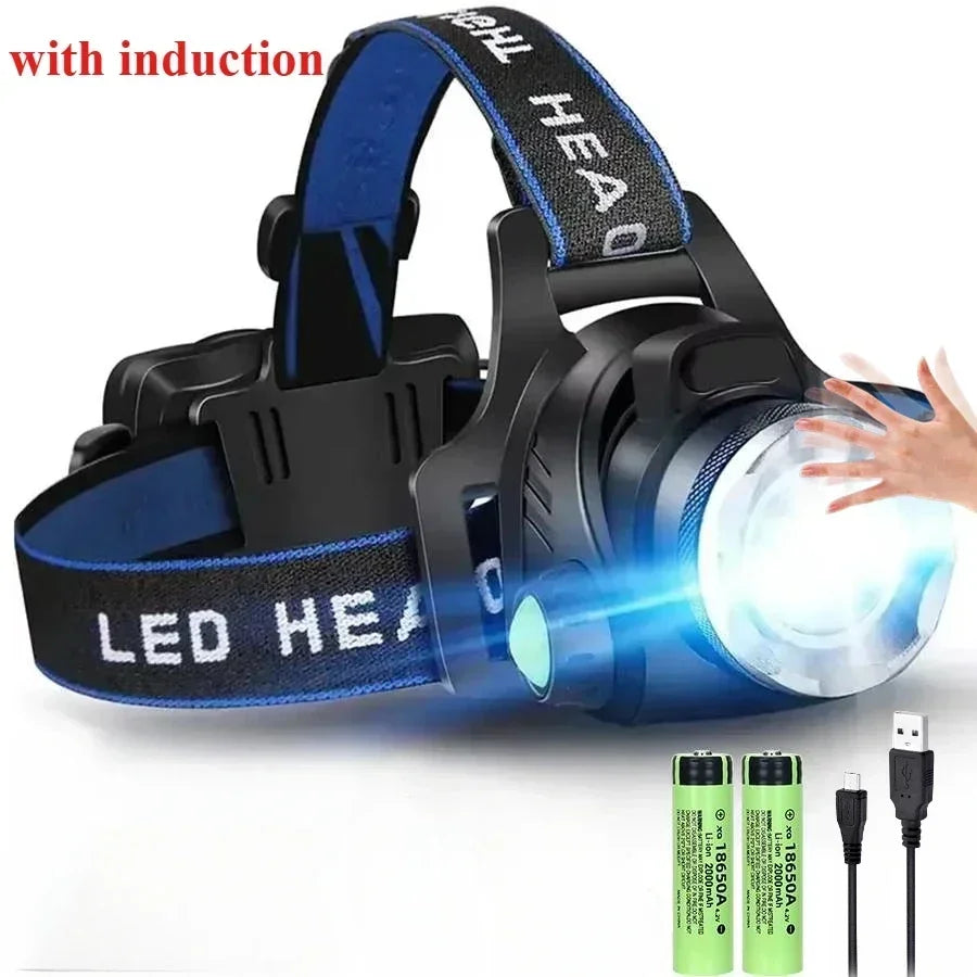 lampe frontale led rechargeable 15w modes nuit pêche course tissu bleu noir adjustable