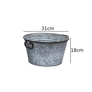 seau métal vintage anses rouille plante verte fleur blanche pot terre cuite brique rouge