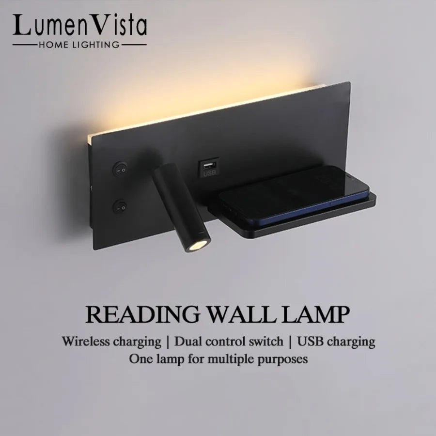 lampe murale led moderne charge sans fil usb étagère éclairage minimaliste chambre salon