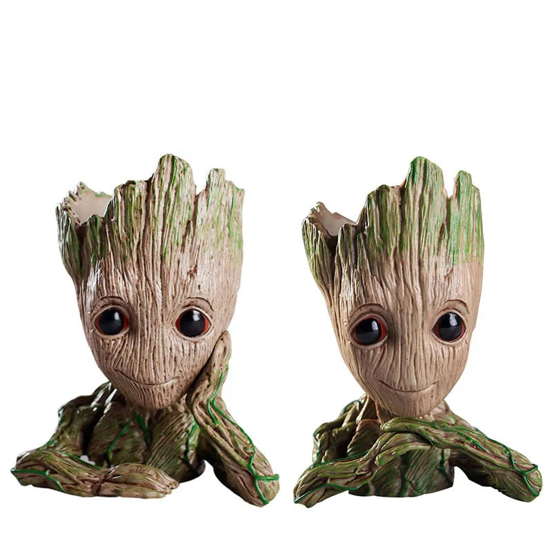 cache pot créatif marron vert texture bois personnage groot fleur intérieur décoration maison artisanat