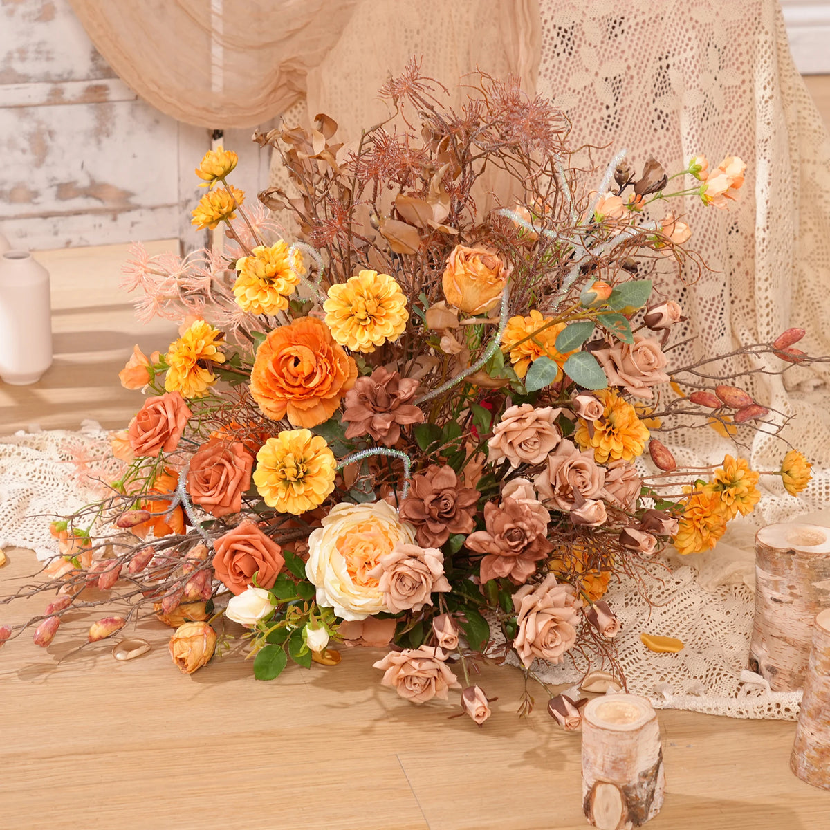 décoration murale bouquet fleurs séchées orange rustique boho chic extérieur intérieur événement festive