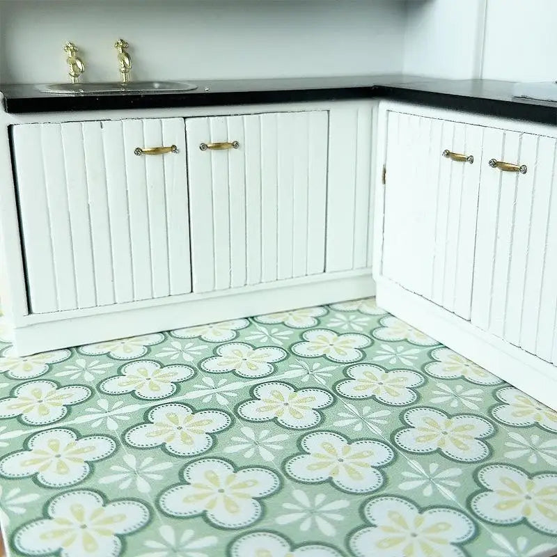 carreaux sol mur résine bleu blanc vert beige géométrique moderne triangles fleurs