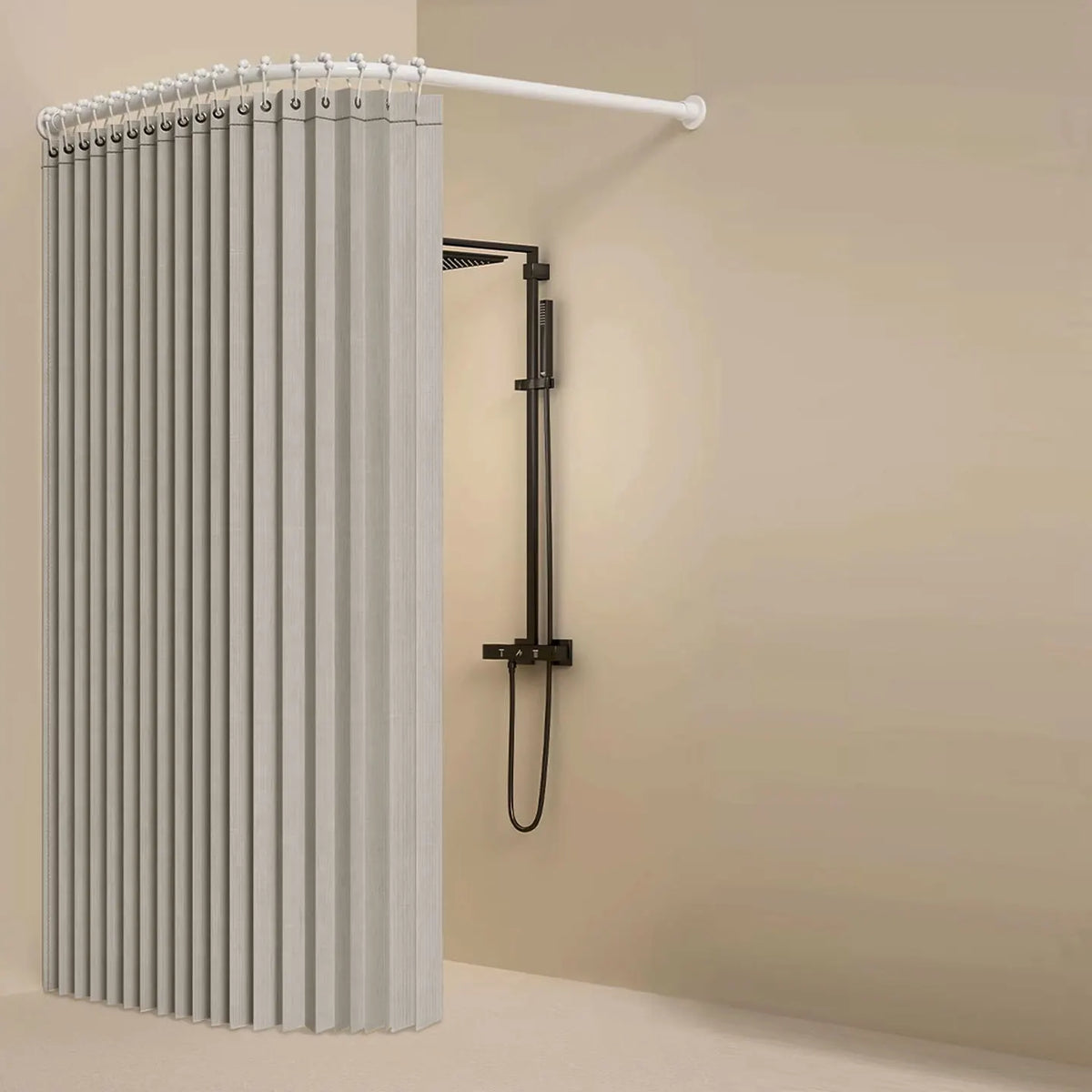 rideau douche pliable polyester plissé gris beige moderne opale variable ball hooks aimant sangle