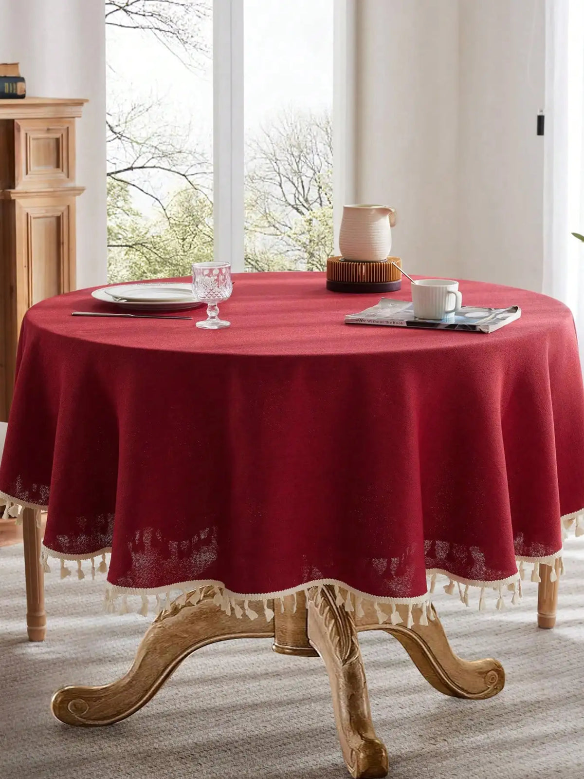 nappe ronde imperméable l'huile lin rouge beige franges rustique mariage table extérieure