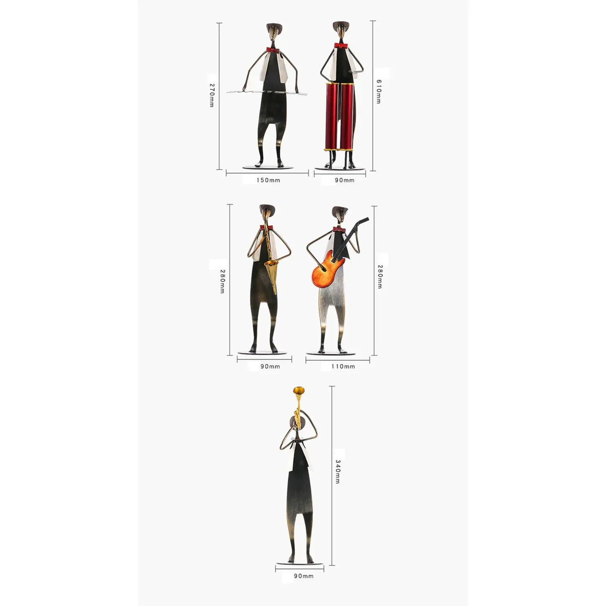décorations métalliques jazz vintage figurines musiciens instruments saxophone guitare trompette rouge