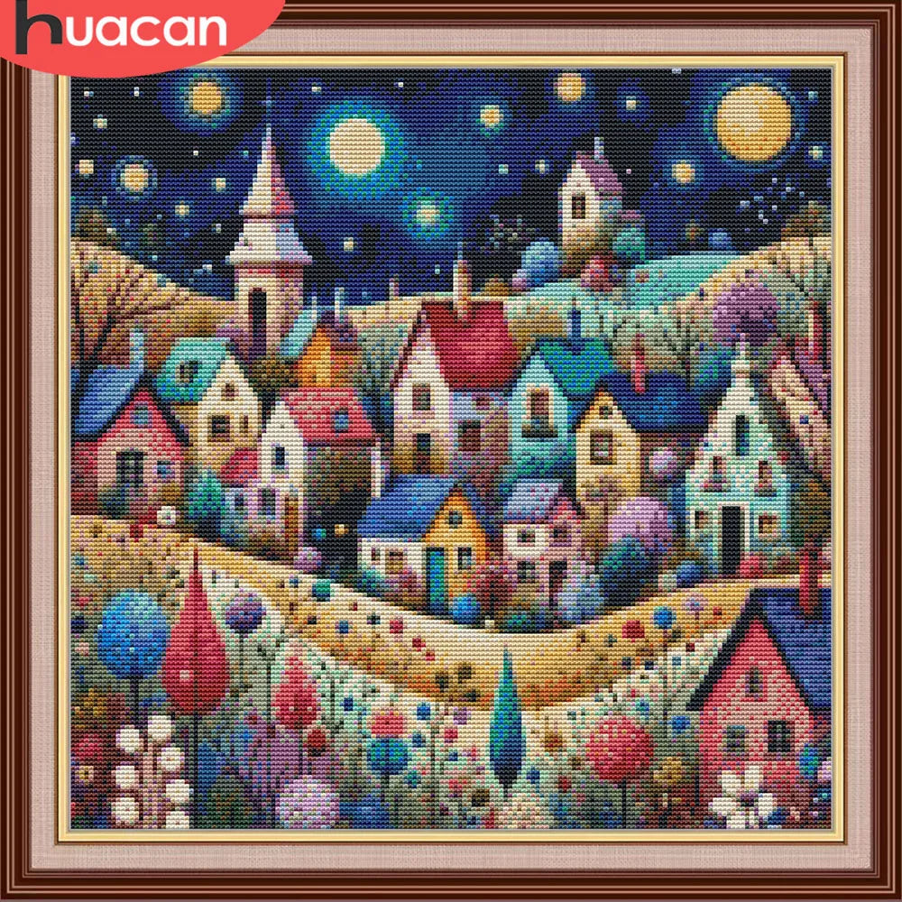 broderie point croix paysage nuit maison fleurs coton moderne artisanal multicolore guide couleurs
