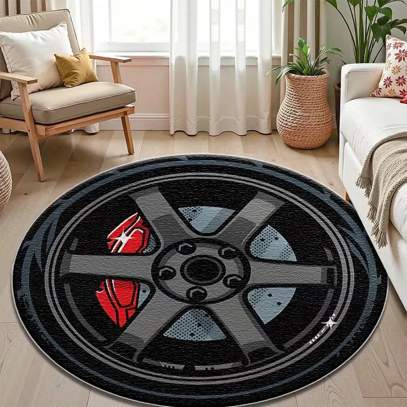 tapis moderne roue voiture noir gris orange salon chambre bureauextérieur salle bain 80x80cm 120x120cm